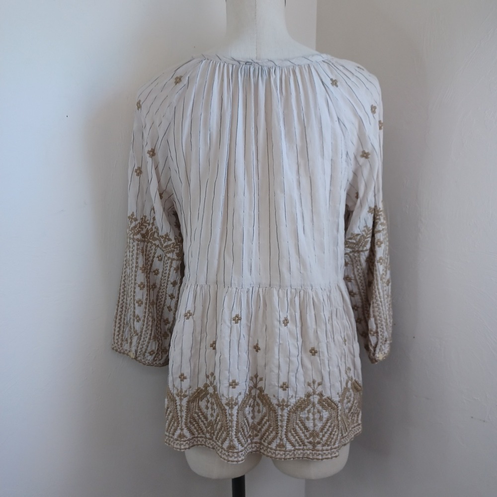 Johnny Was Workshop Embroidered Pinstripe Peasant Blouse Cream Tan Sz L - Picture 9 of 12